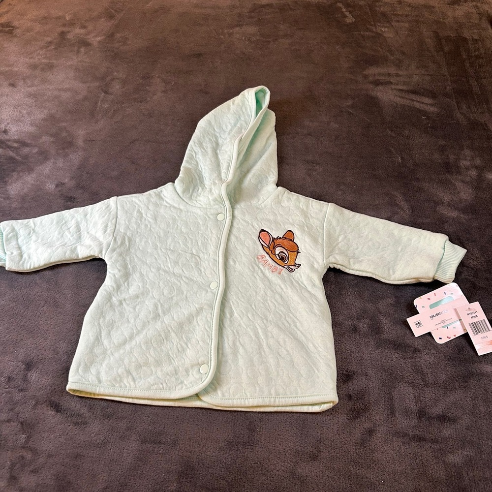 Disney Baby Bambi Hooded Jacket‎ Aqua Quilted Snap Front Coat Girls 12M NWT